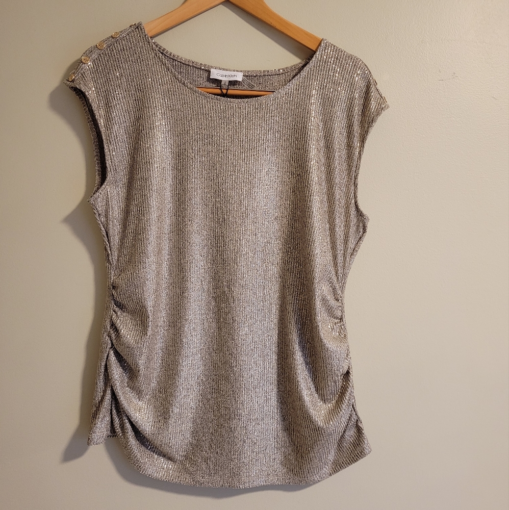 Calvin Klein Gold Shimmer Sleeveless Tunic Top, Large